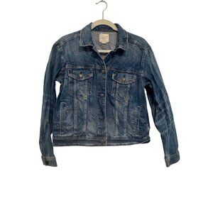 American Eagle Denim Jacket Women’s Medium Distressed Blue Button Front Long Sle